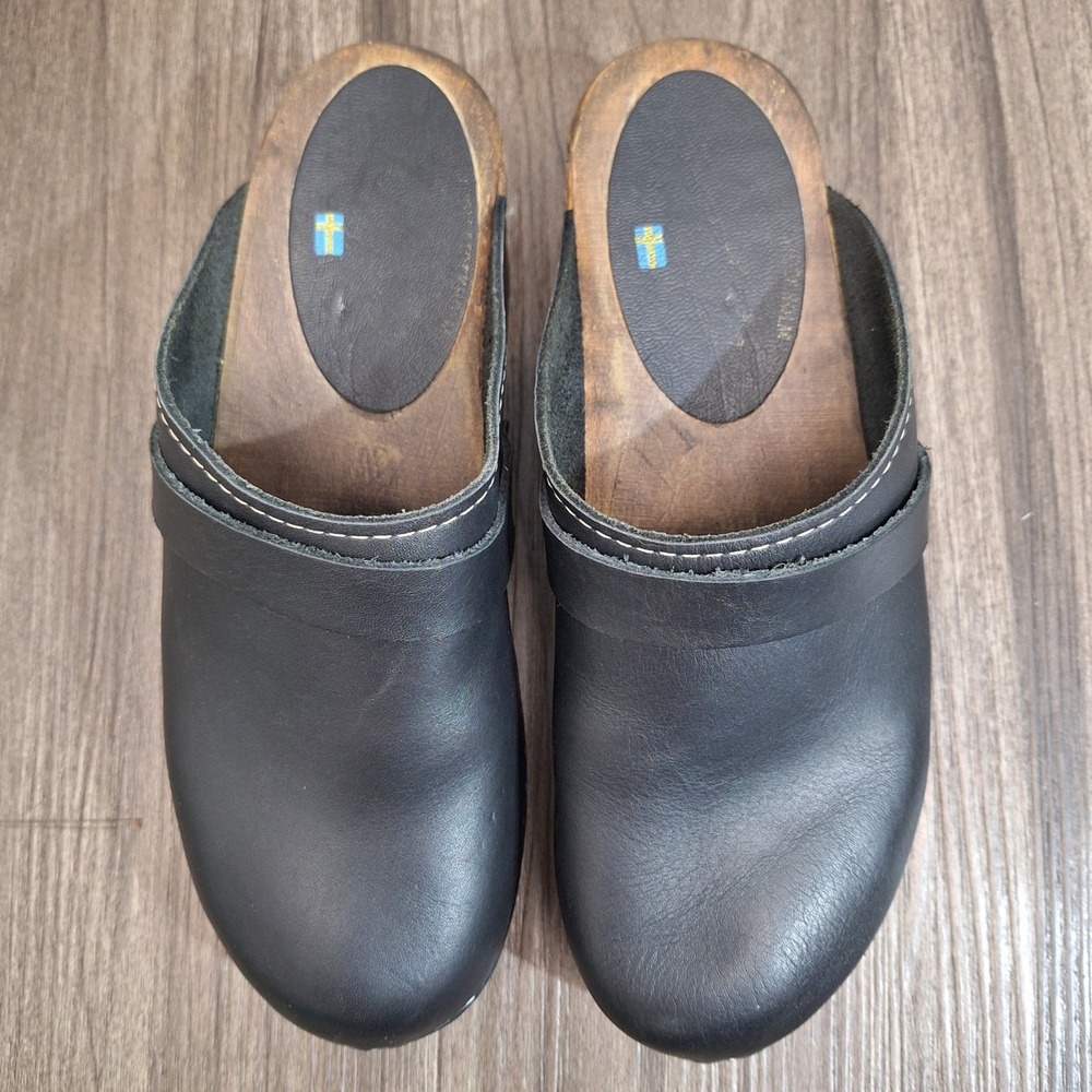 Swedish Hasbeens Black Leather Wooden Clogs Mules Size 7.5 Slip On Platform Shoe - Picture 4 of 7